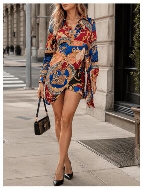 🟠NWT CIEN Greek Key and Chain Print Wrap Style Mini Dress **Versace Vibes**